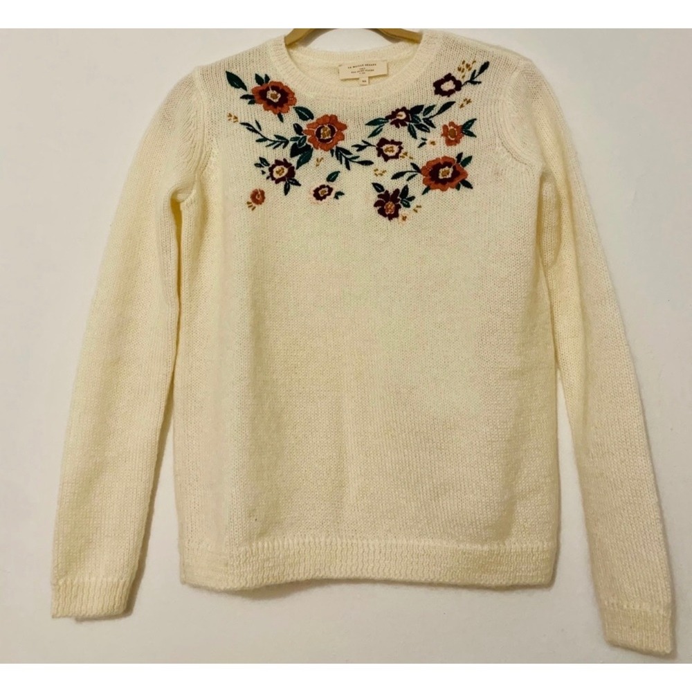 Sezane Pamela Cream Floral Embroidered Wool Mohair Blend Sweater Women